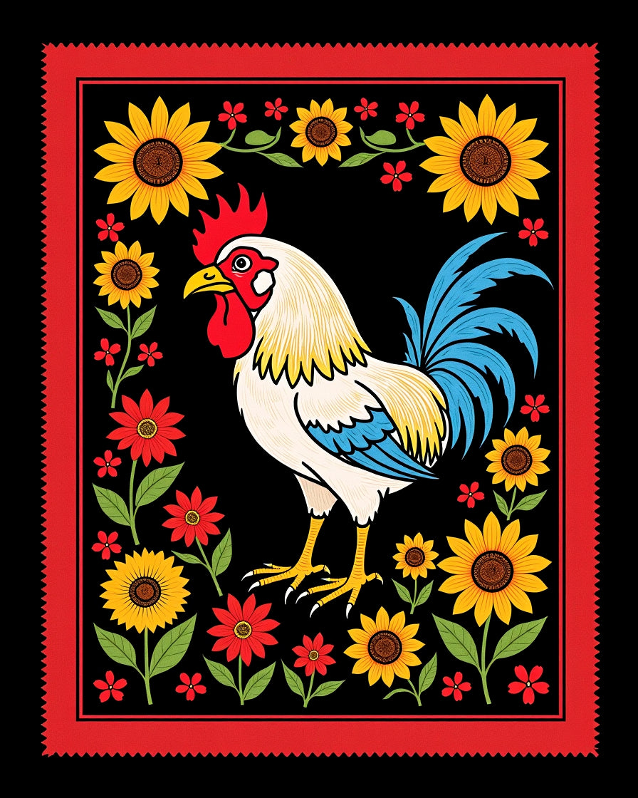 Bold Rooster Floral Border Design Rug