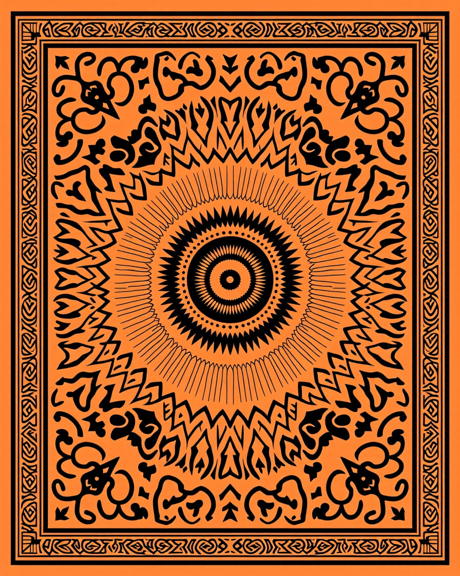 Bold Orange Black Sunburst Design Rug