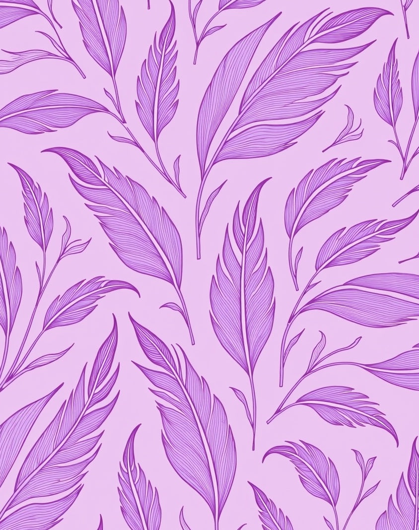 Purple Feather Patterned Line Art Rug