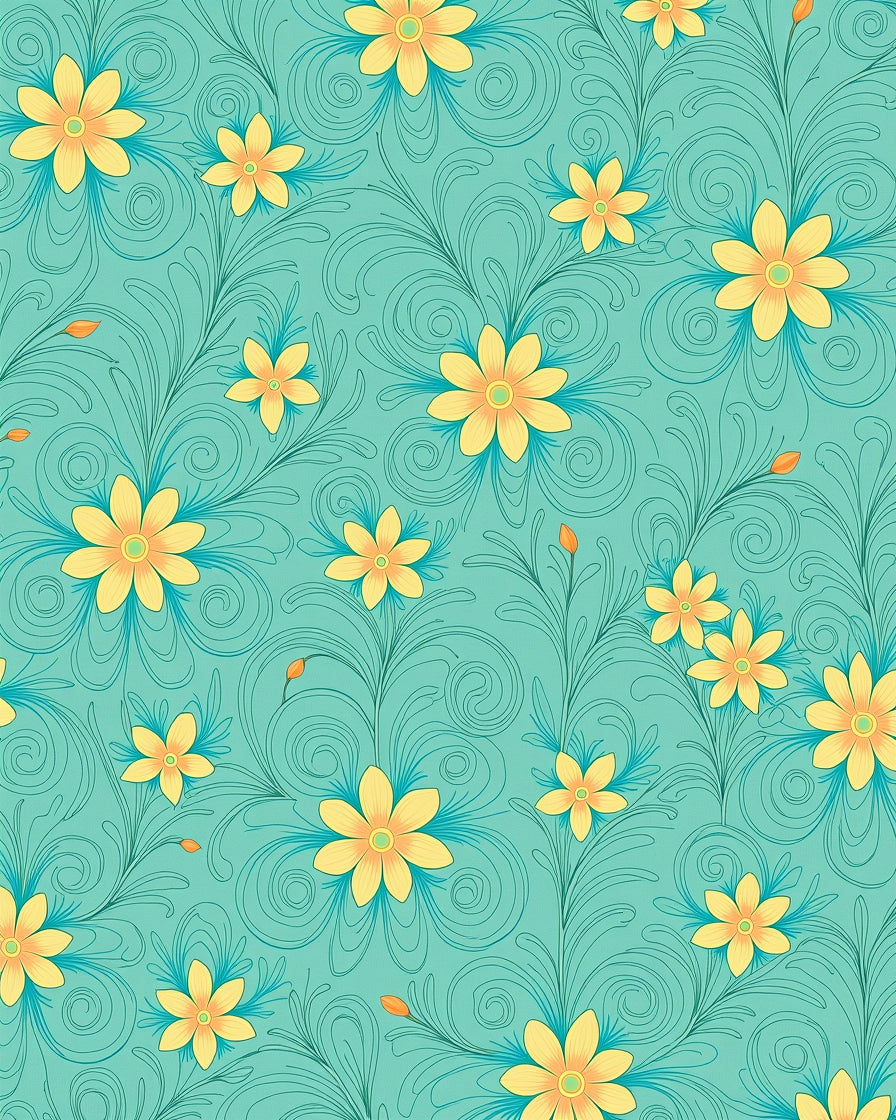 Aqua Yellow Floral Scroll Design Rug