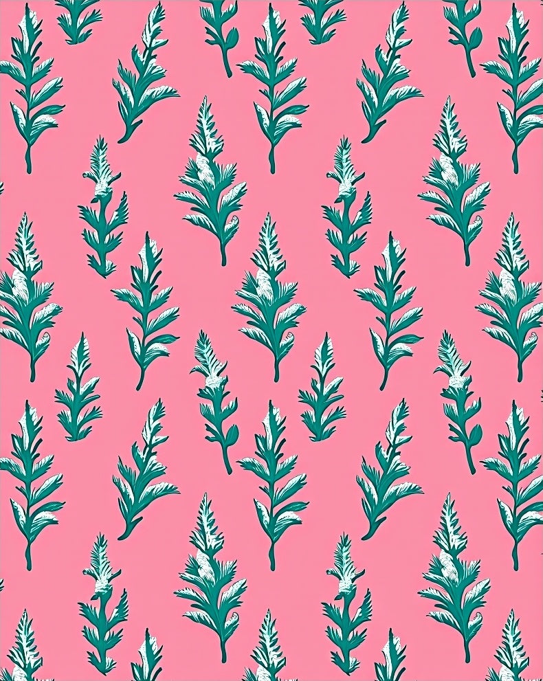 Teal Leaf Pattern on Pink Background Rug