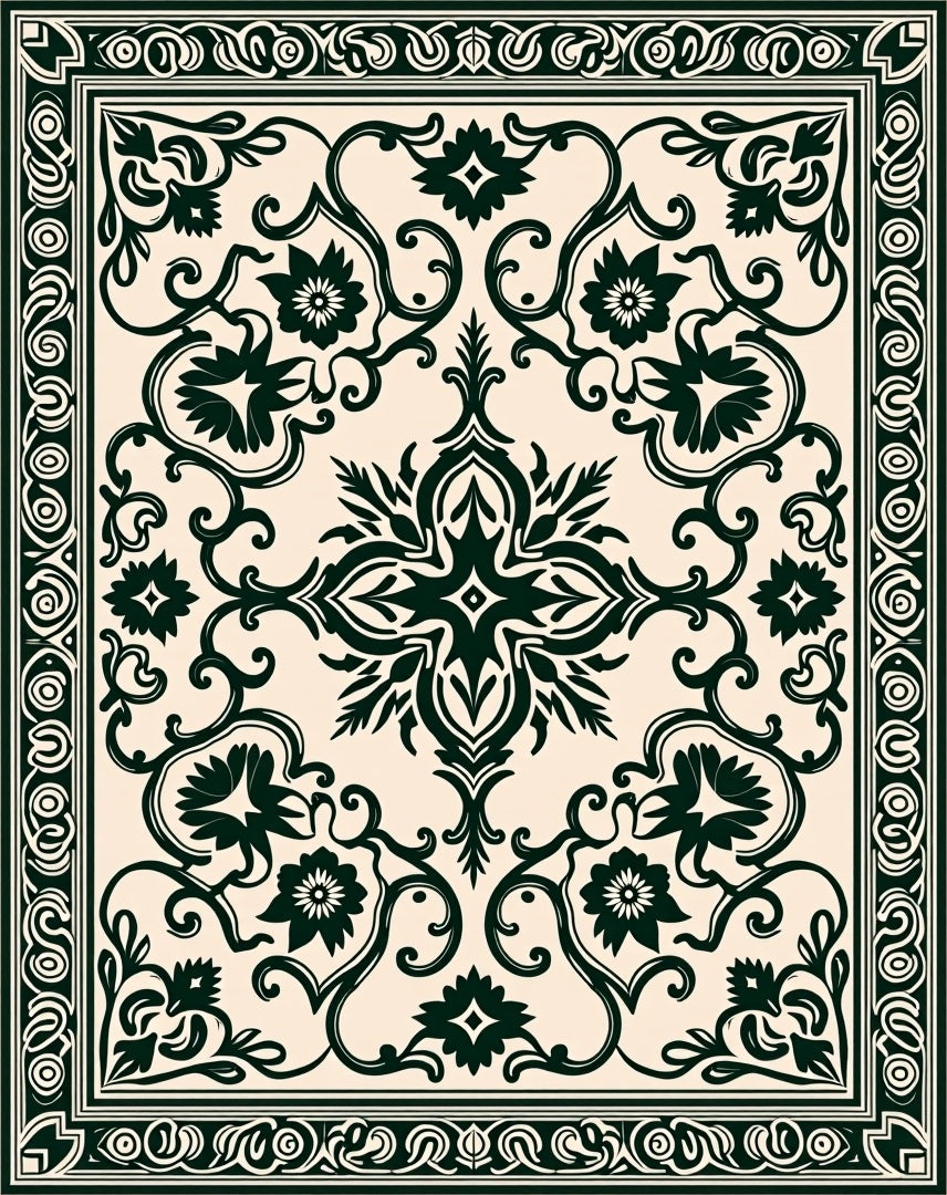 Ornate Dark Floral Scrollwork Pattern Rug