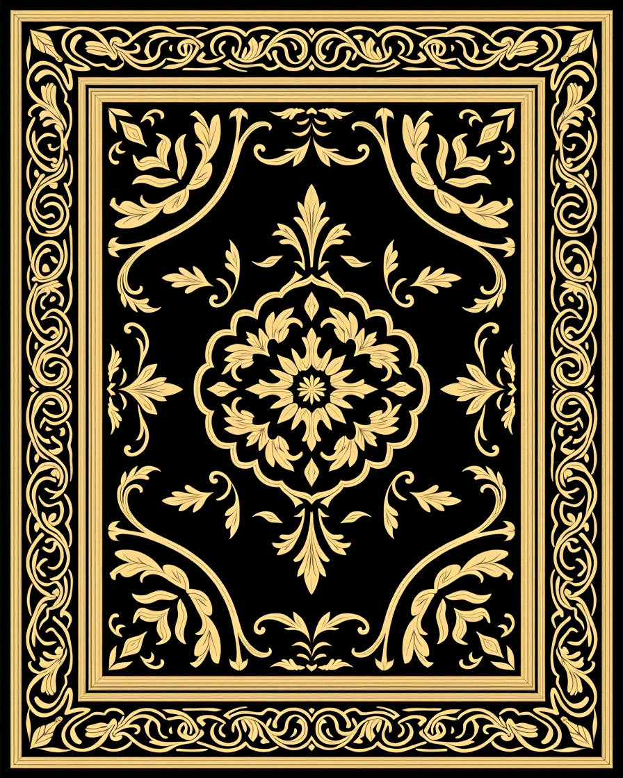 Elegant Black Gold Floral Scroll Rug