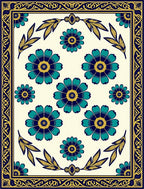 Floral Patterned Navy Teal Yellow Rug
