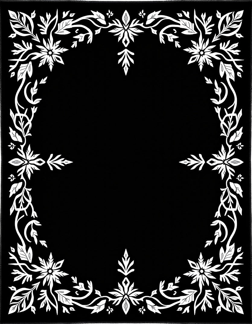 White Floral Vine Border Black Rug