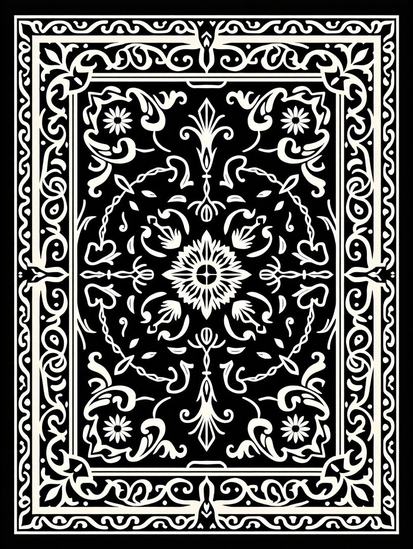 Intricate Black White Floral Motif Rug