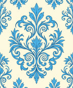 Blue Floral Damask Scroll Pattern Rug