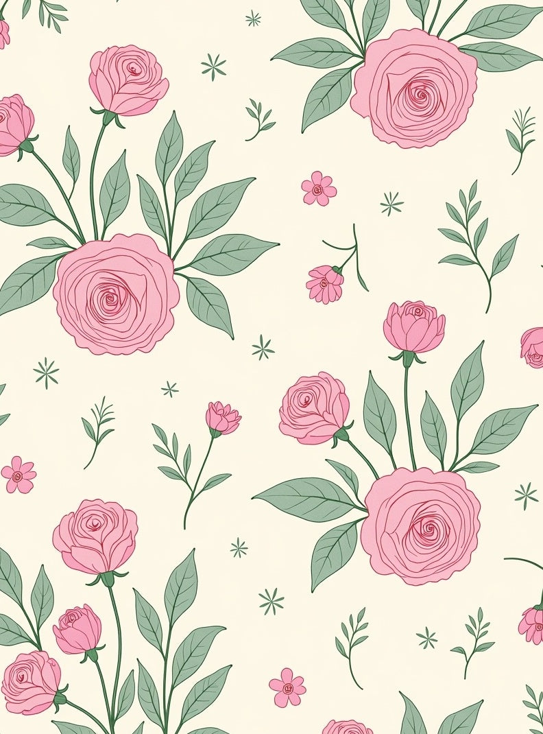 Pink Rose and Green Leaf Pattern Rug