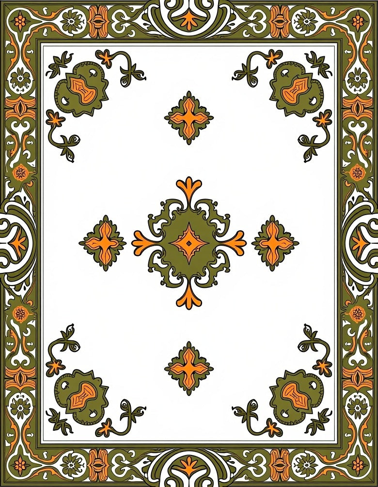Ornate Green Orange Floral Print Rug