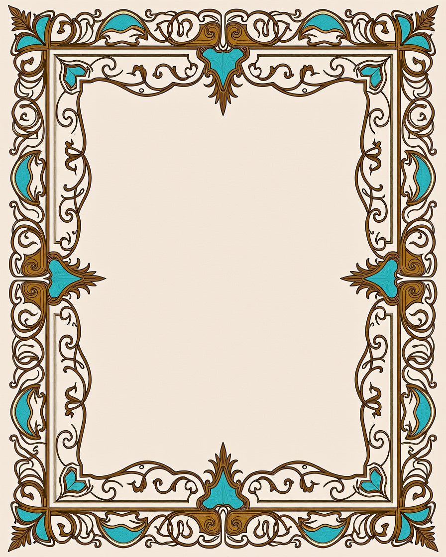 Ornate Teal Gold Scroll Border Rug