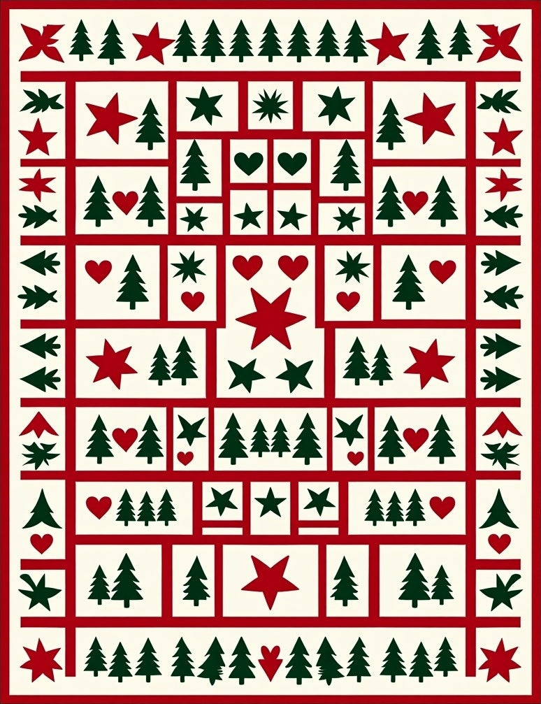 Festive Red Green Trees Stars Hearts Pattern Rug