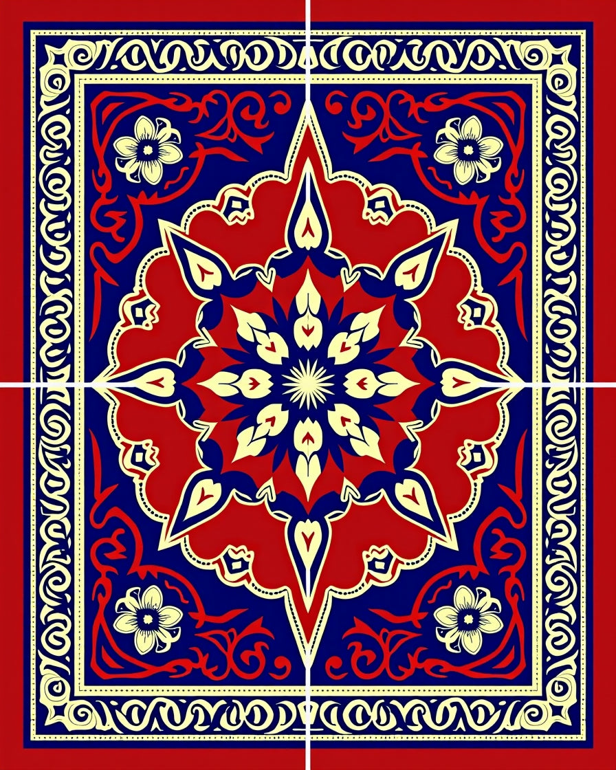 Bold Red Blue Floral Mandala Rug