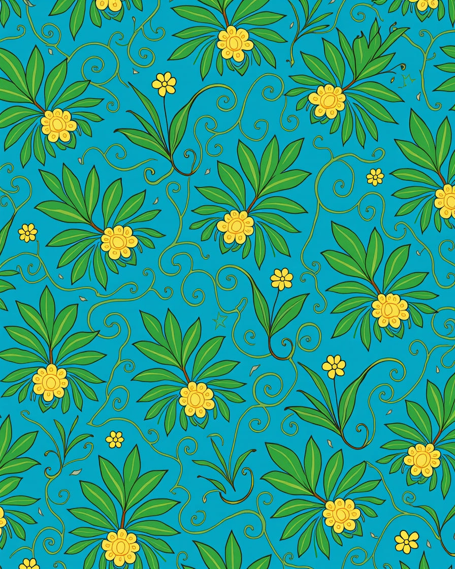 Turquoise With Green Yellow Floral Swirls Rug