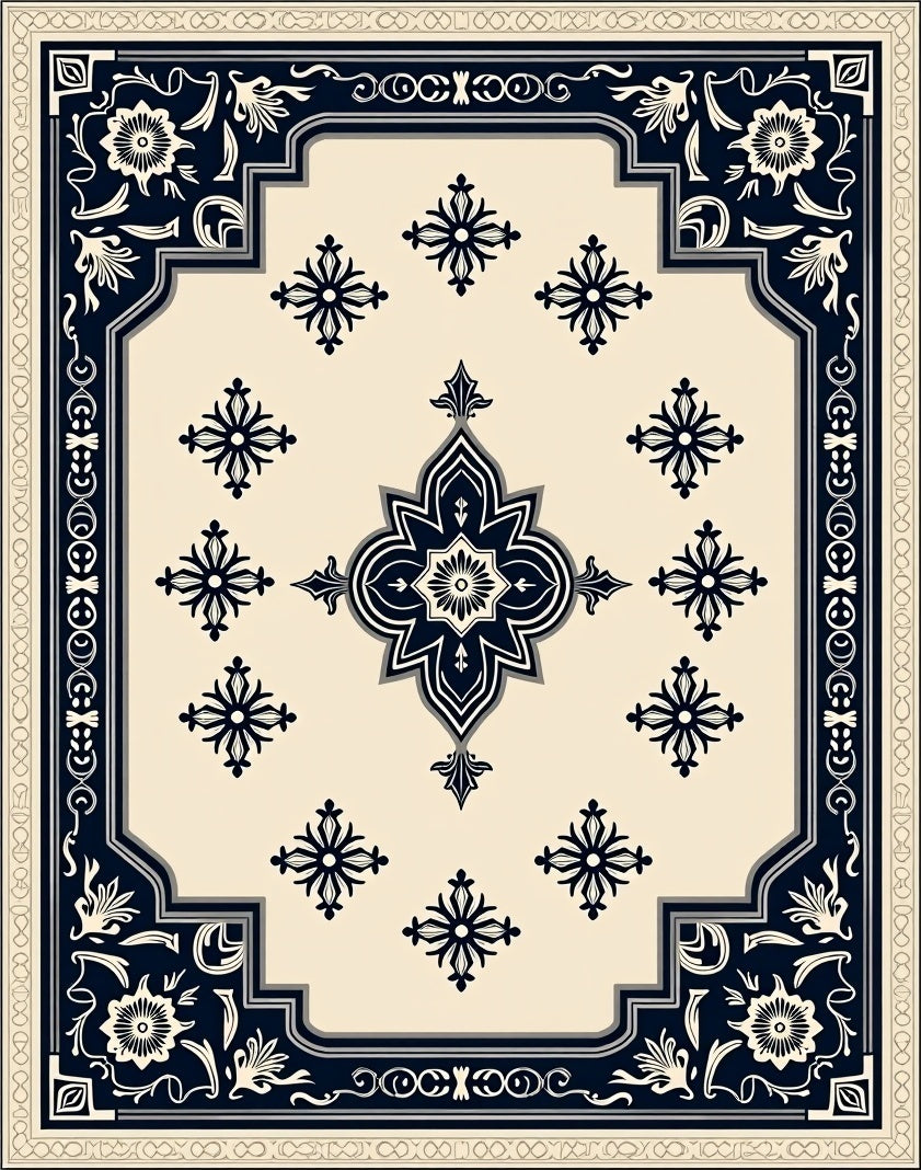 Cream Navy Floral Medallion Rug