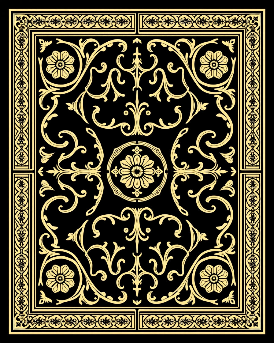 Golden Floral Scrollwork Black Accent Rug