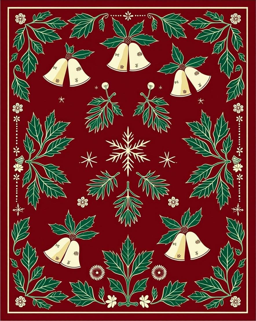 Red Festive Holly Bells Snowflakes Rug
