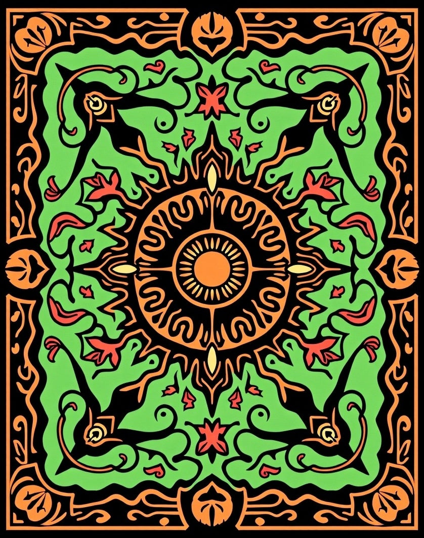 Green Orange Black Floral Sun Pattern Rug