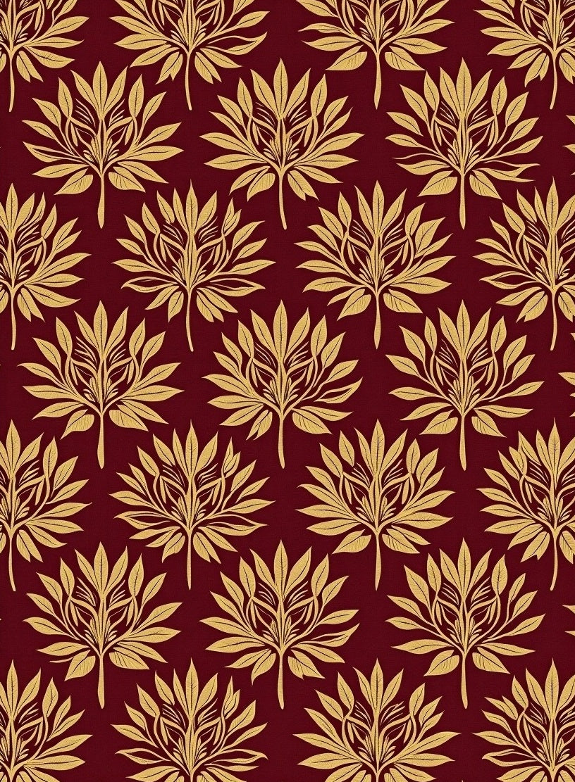 Golden Leaf Pattern on Burgundy Background Rug