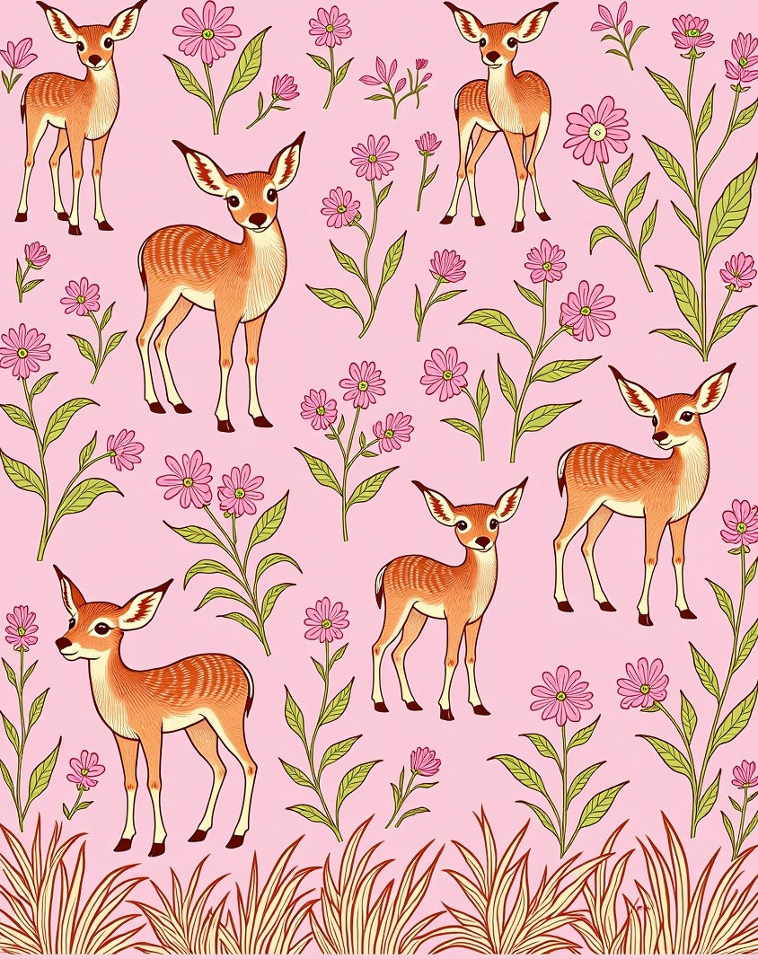 Whimsical Deer and Floral Pattern Rug