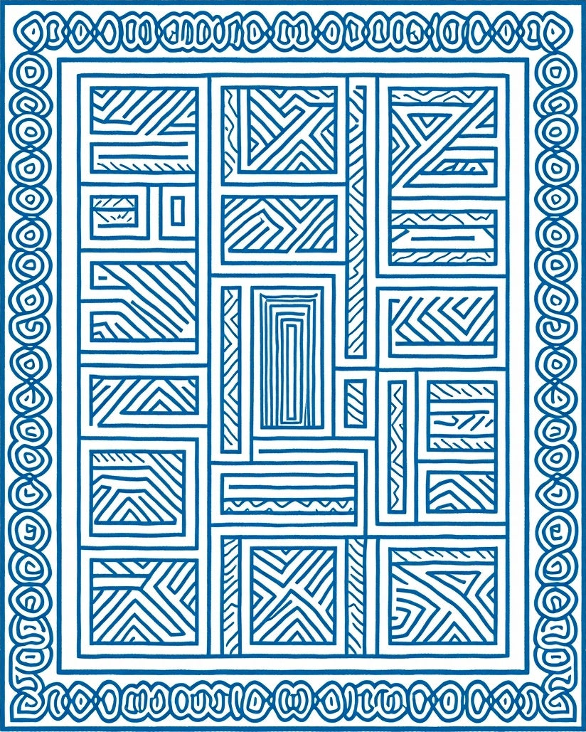 Blue White Geometric Line Art Rug