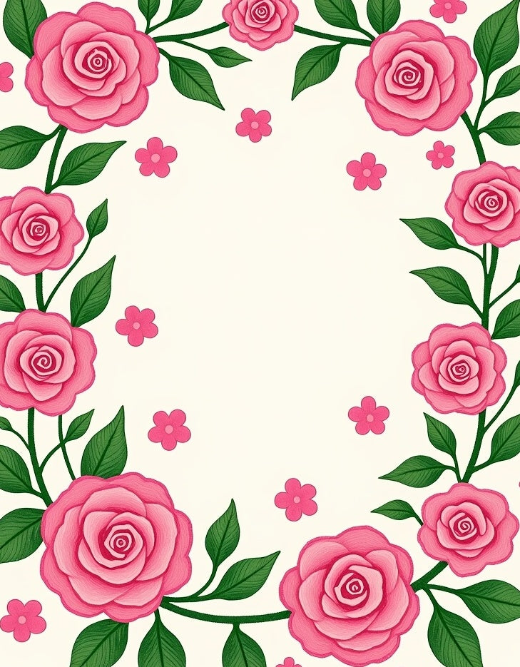 Pink Roses And Green Leaves Border Rug