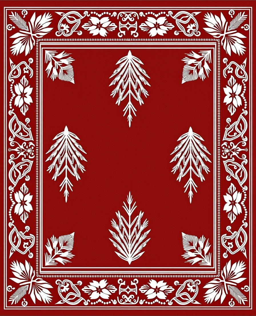 Bold Red White Floral Branch Design Rug