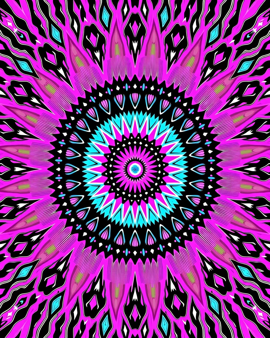 Vibrant Pink Cyan Geometric Mandala Rug