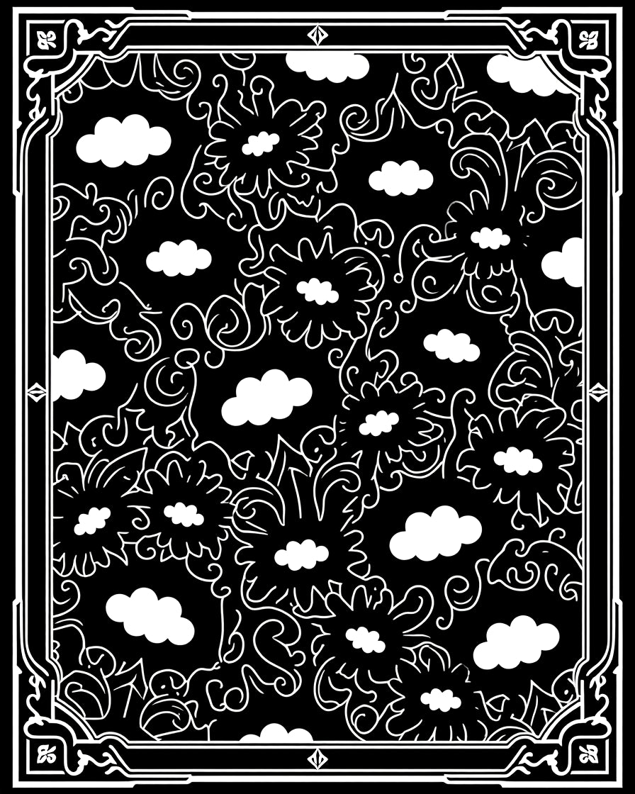 Black White Floral Cloud Pattern Rug