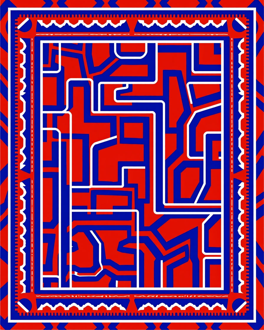 Bold Red Blue Geometric Maze Rug