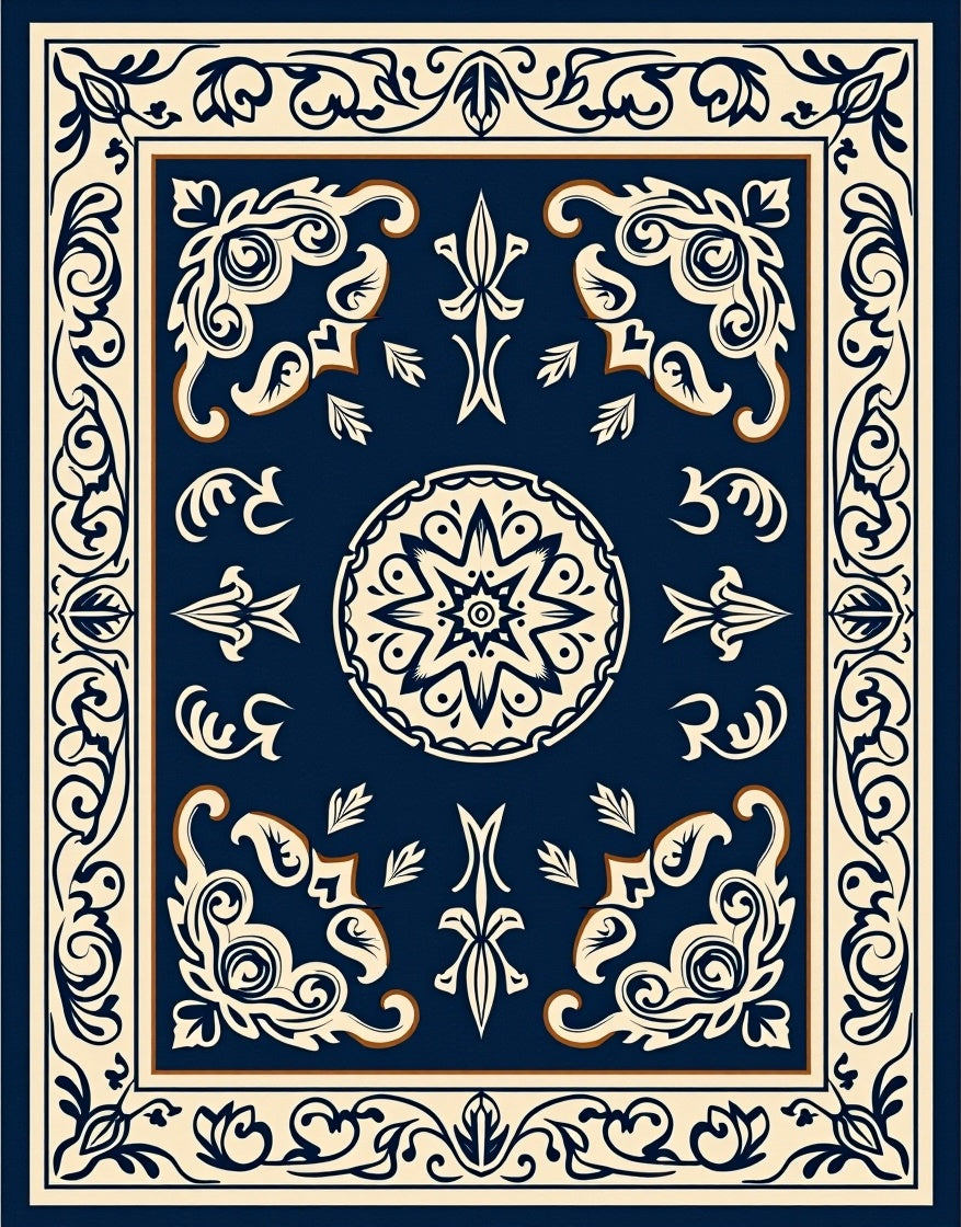 Ornate Navy Floral Patterned Rug