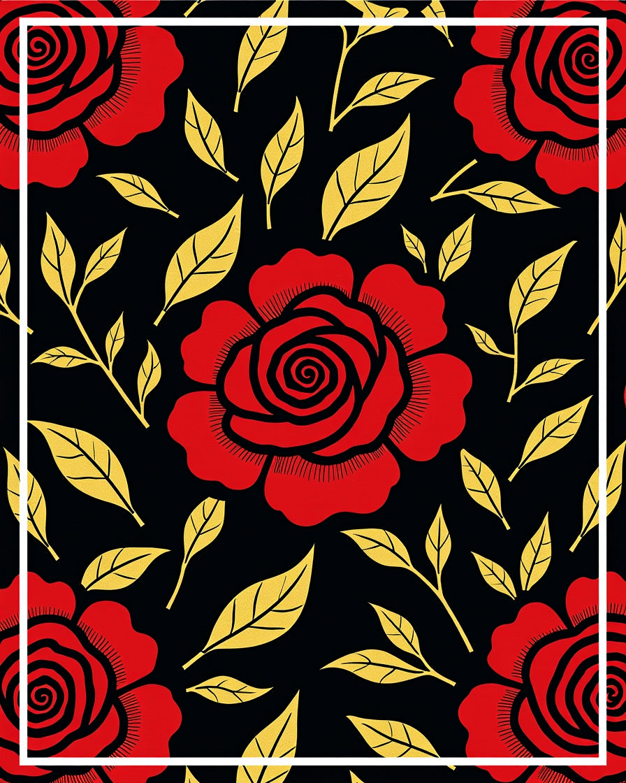 Bold Red Gold Rose Floral Pattern Rug