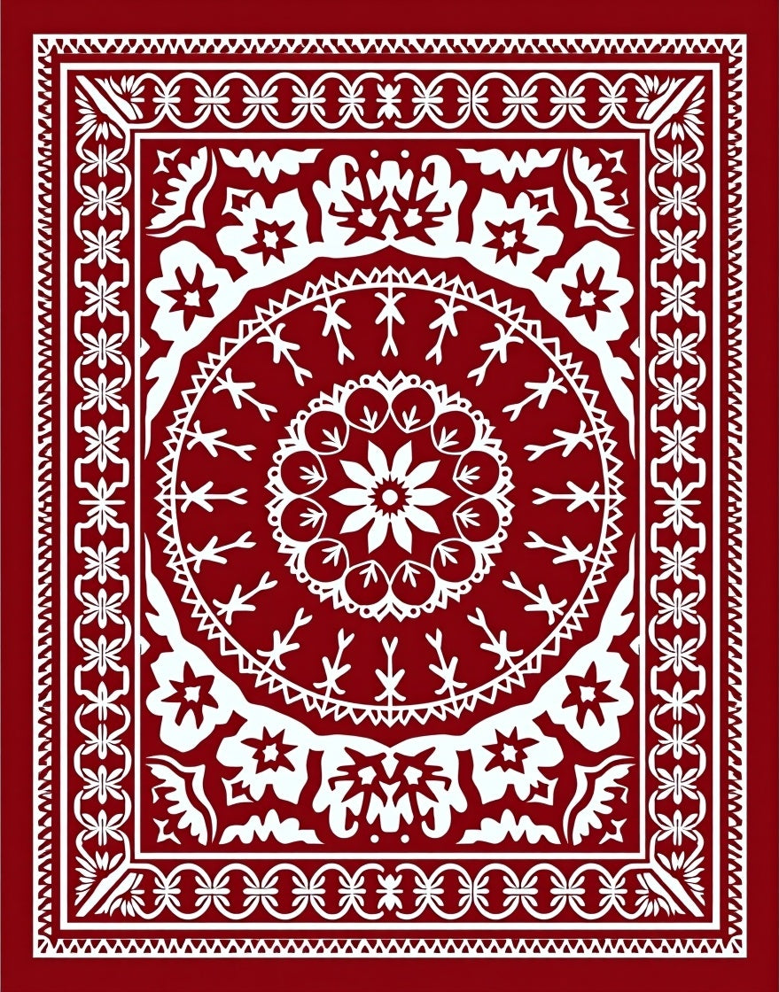 Classic Red White Intricate Medallion Design Rug