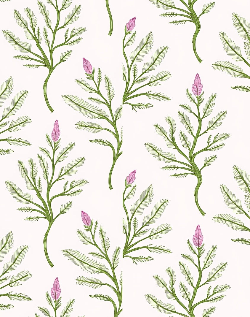Green Botanical Pink Bud All-Over Design Rug