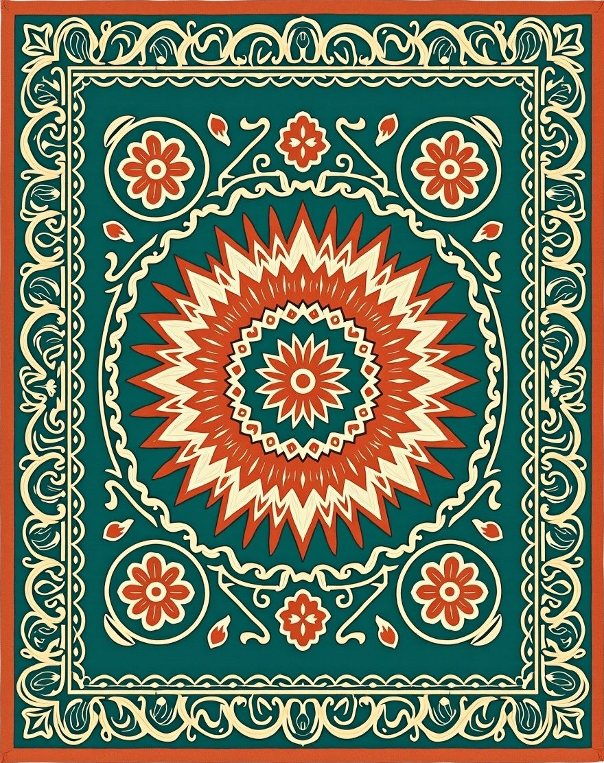 Bold Red Teal Sunburst Floral Rug