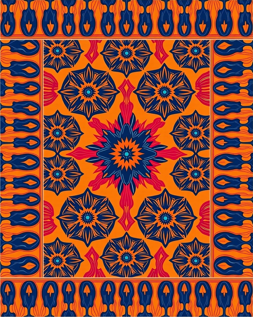 Vibrant Blue 2 Orange Floral Pattern Rug