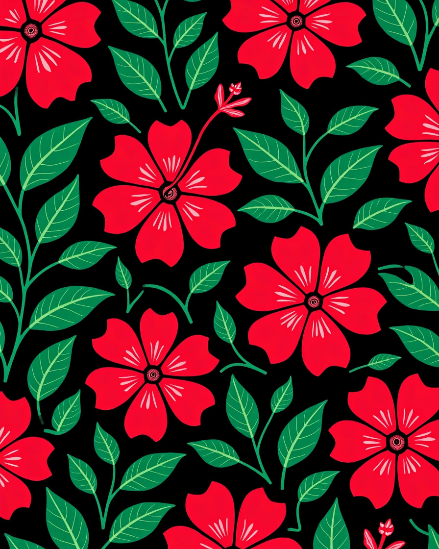 Vibrant Red Floral Black Garden Rug