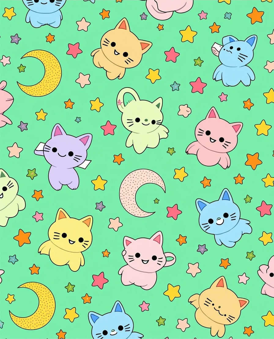 Kawaii Kitty Moon And Stars Design Rug