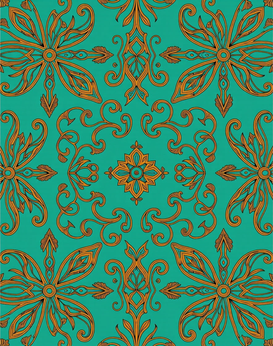 Turquoise Orange Floral Scroll Medallion Rug