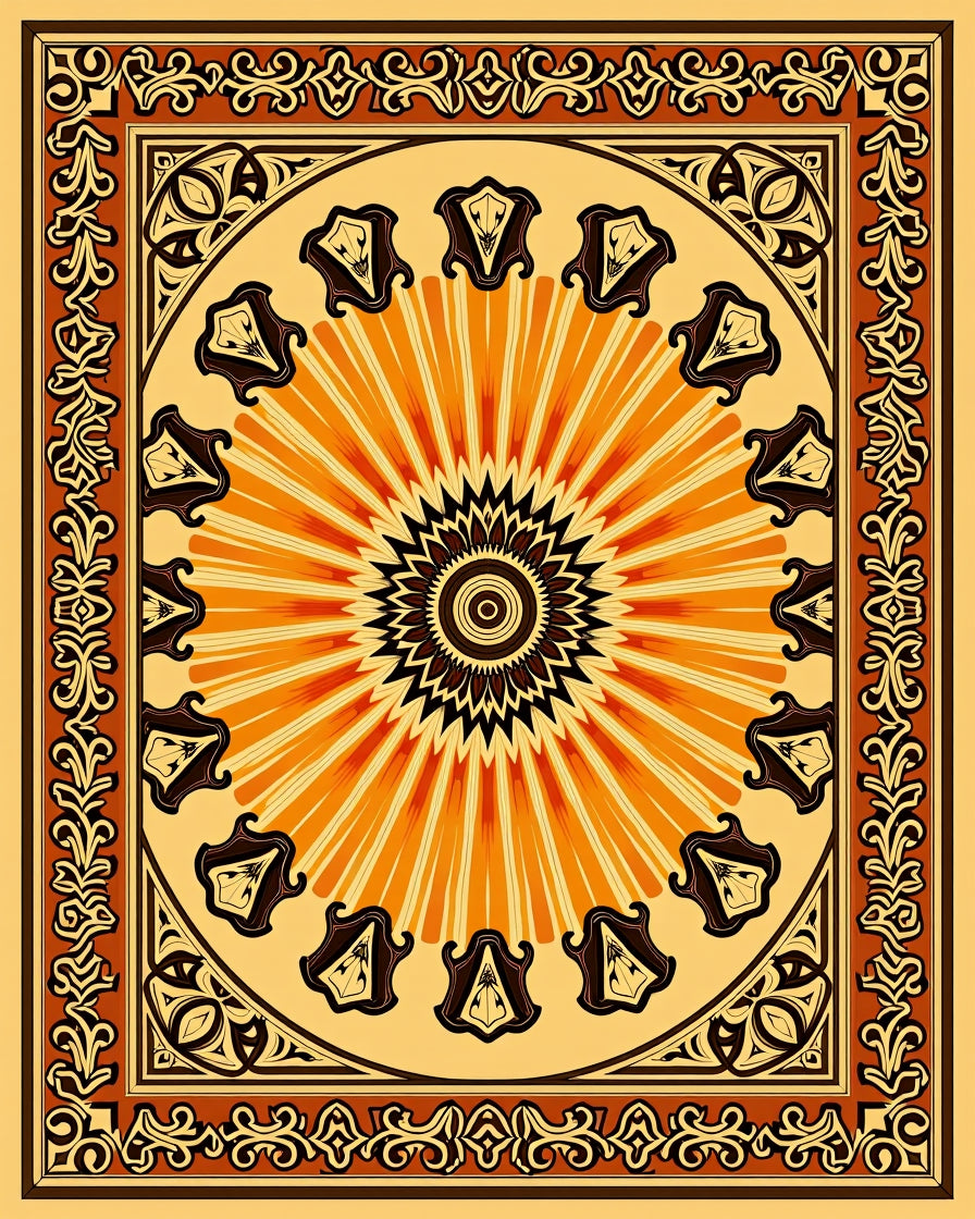 Intricate Sunburst Floral Bordered Pattern Rug