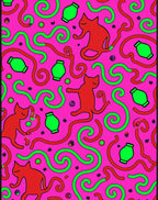 Playful Red Cats Green Swirls Pattern Rug
