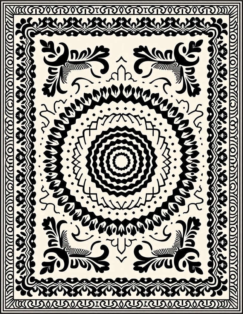 Bold Black White Intricate Pattern Rug