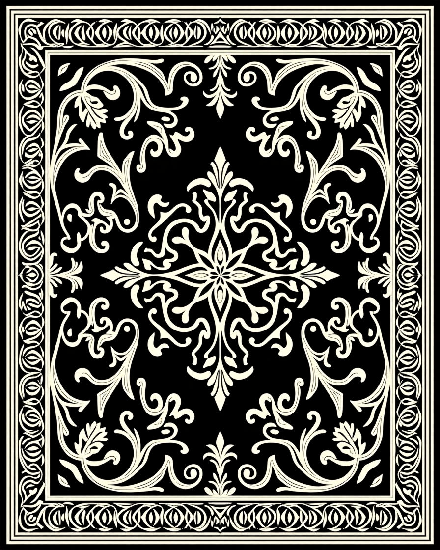 Classic Black Cream Scrollwork Motif Rug