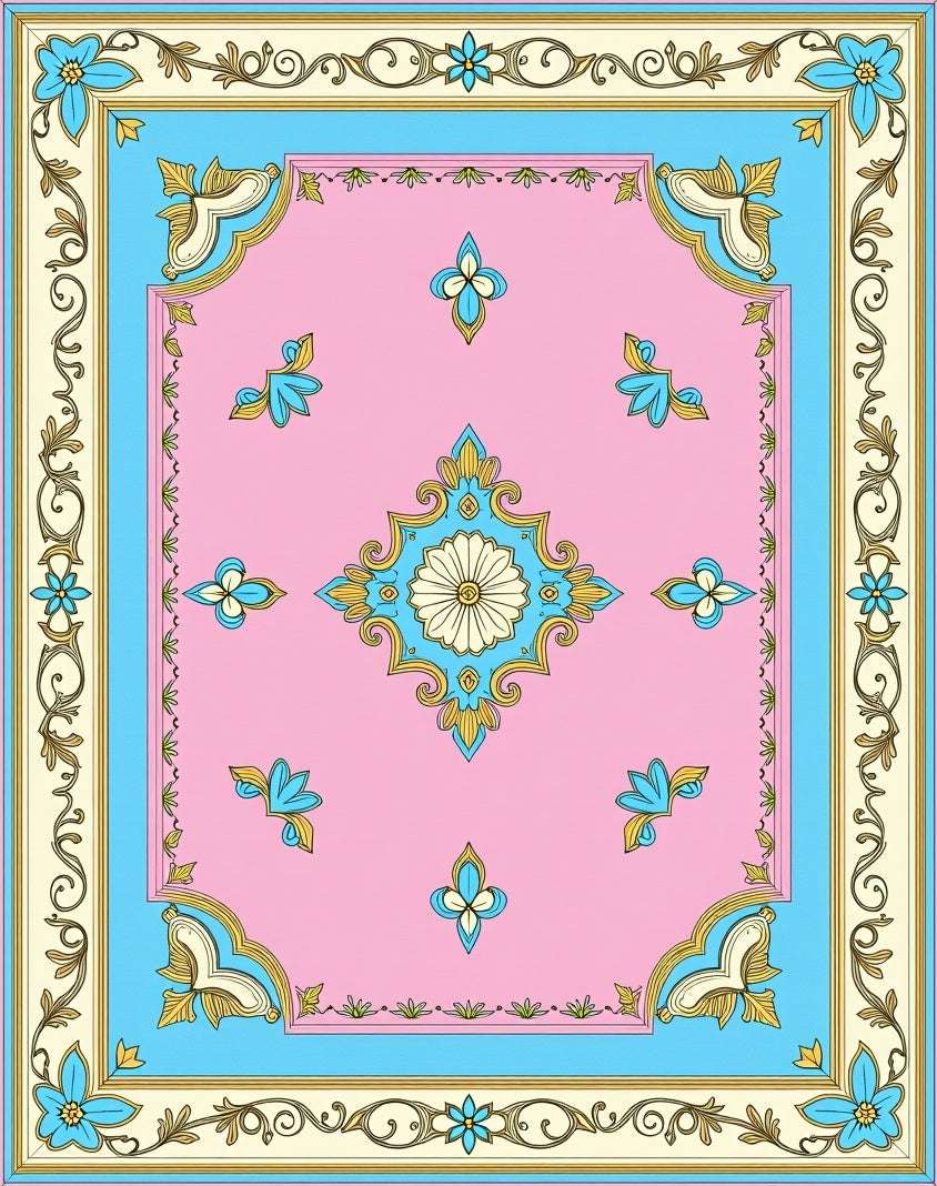 Ornamental Floral Pink Blue Border Rug