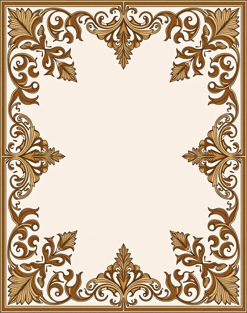 Ornate Floral Scrollwork Golden Brown Border Rug