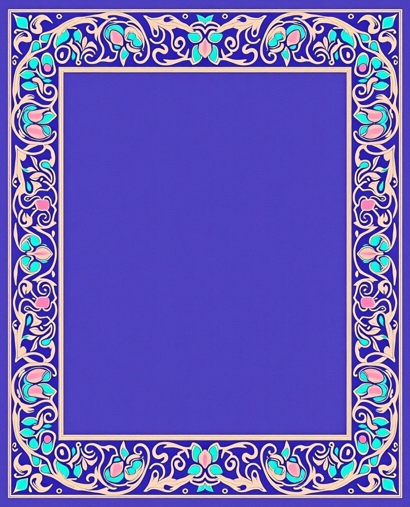 Ornate Floral Scrollwork Blue Border Rug
