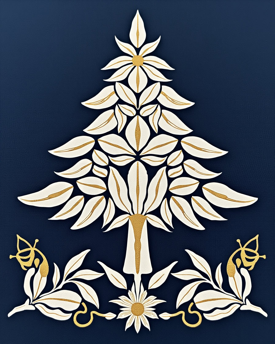 Elegant White Gold Floral Tree Design Rug