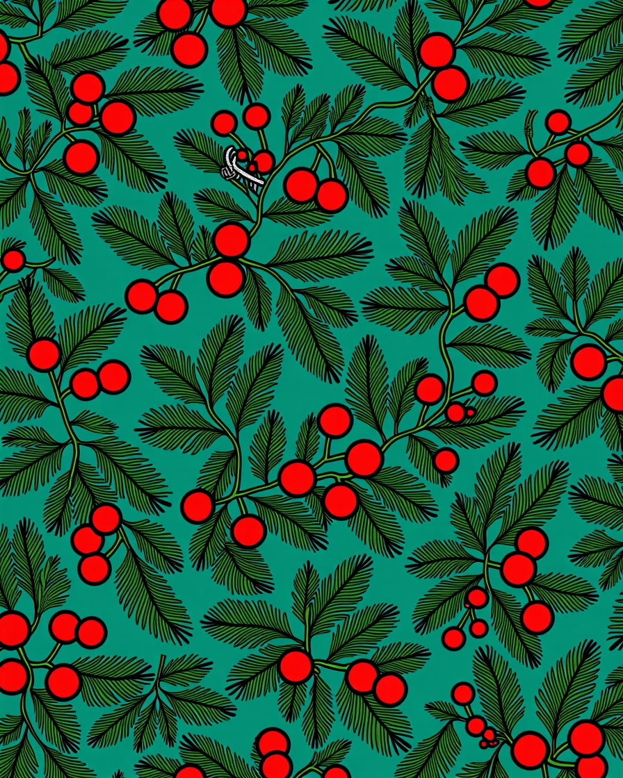 Evergreen Red Berry Branch Arrangement Rug