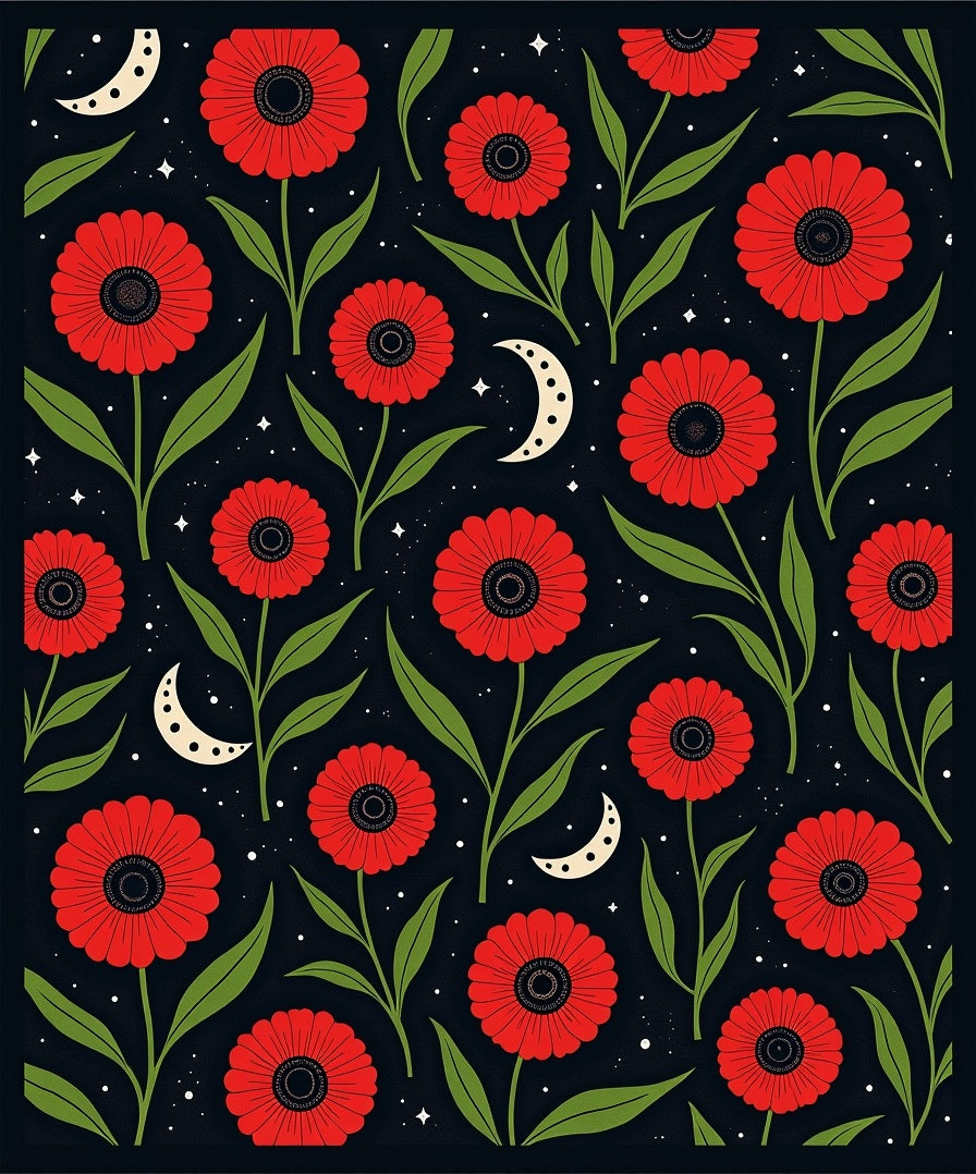 Red Floral 2 Moons Pattern Rug