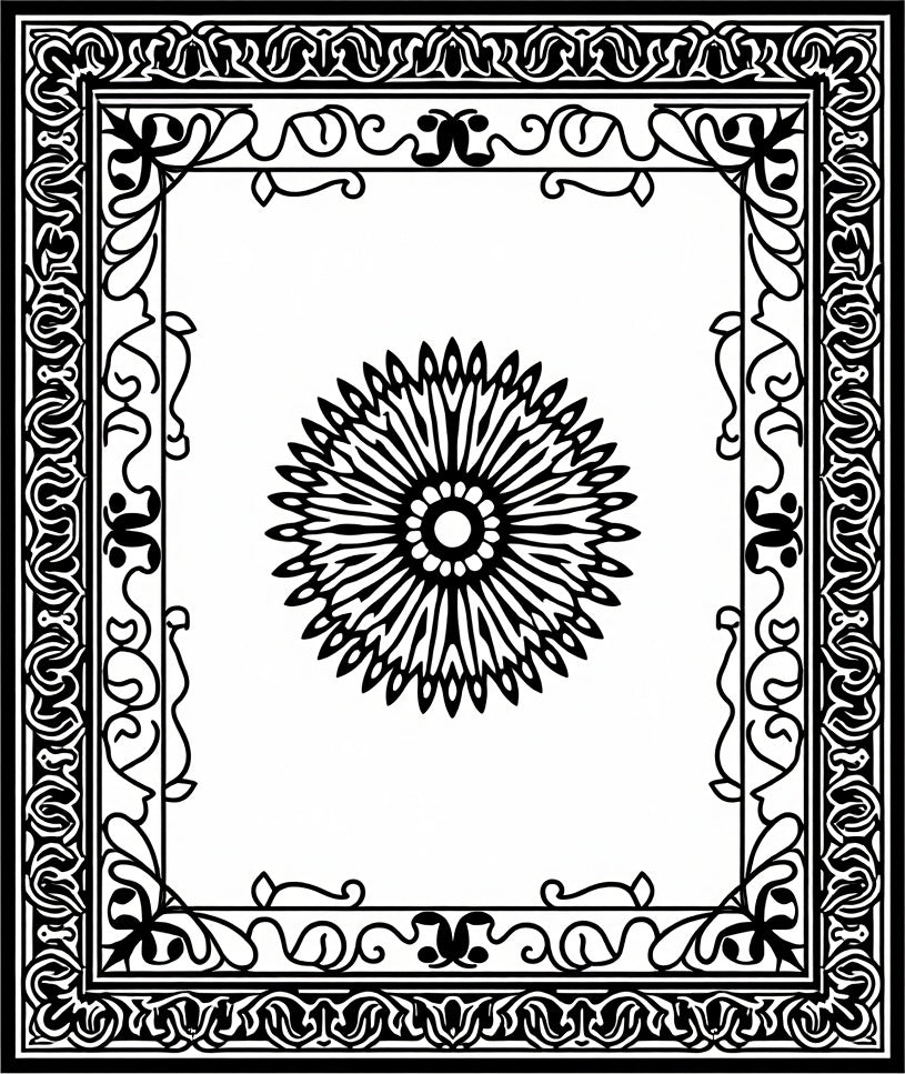 Black White Floral Mandala Frame Rug