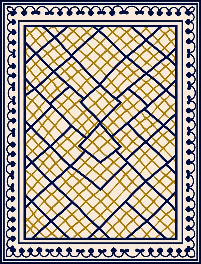 Navy Gold Lattice Overlay Rug